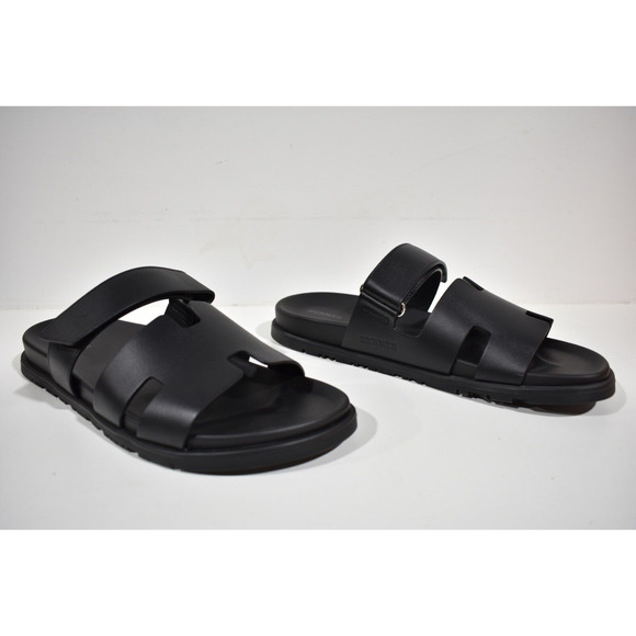 Hermes Chypre Sandal Mens Black Leather H Logo Strap Slide Slip On Flat 44 11 - Picture 7 of 12
